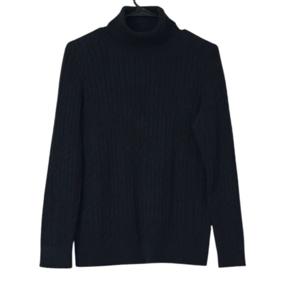 Talbots Cable Knit Turtle Neck Sweater Womens Medium Petite Black Stretchy Prep - Picture 1 of 8